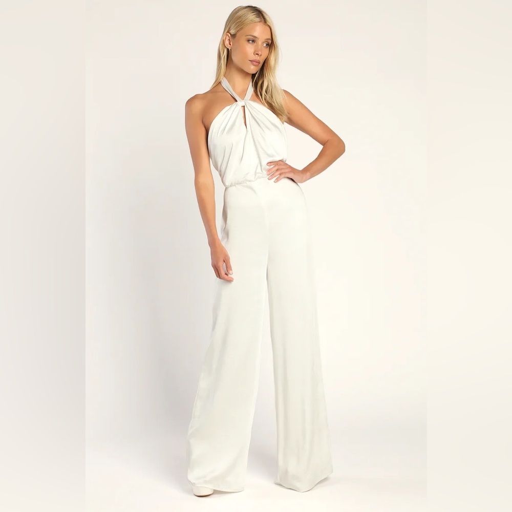 Lulus Adoring Angel Ivory Satin Wide-Leg Halter Jumpsuit